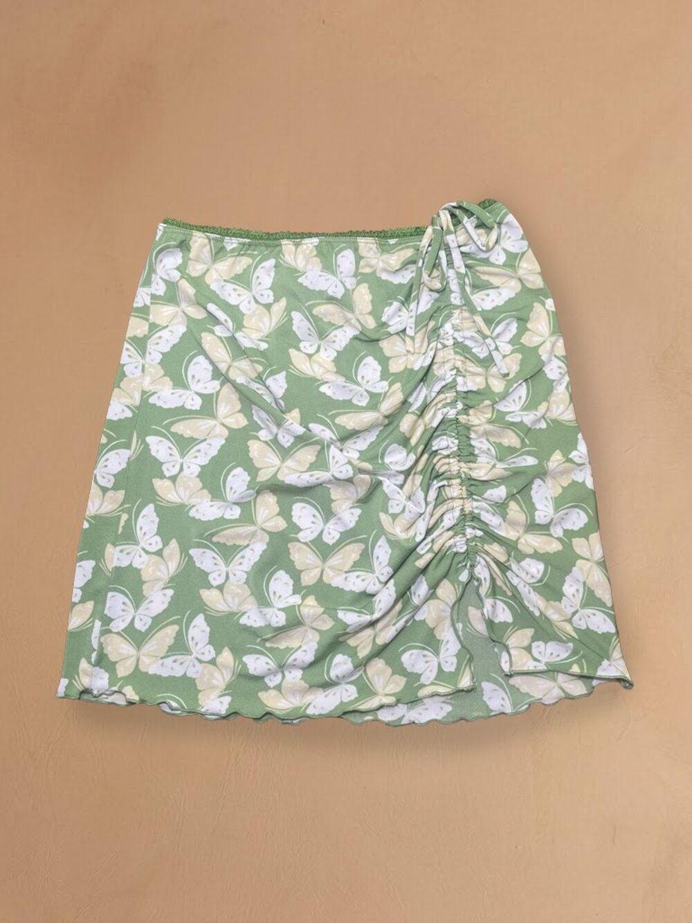 Butterfly Print Ruched Mesh Mini Skirt Sage Green Y2K